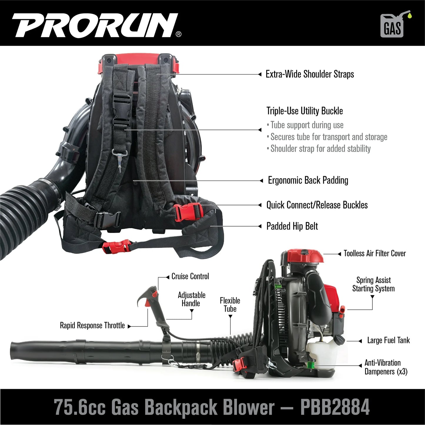 PRORUN 75.6cc Backpack Leaf Blower (PBB2884)